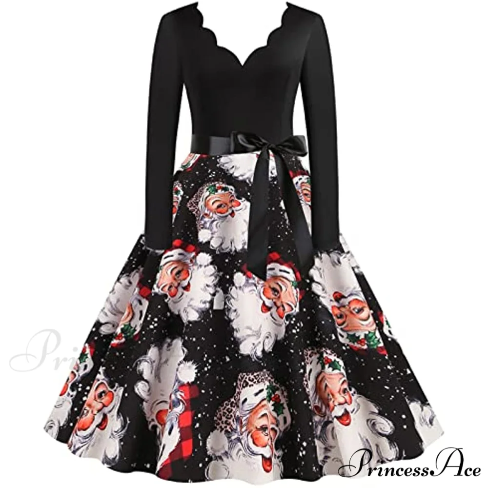 Christmas Classic Tea Long Sleeve V Neck Dresses - Image 2