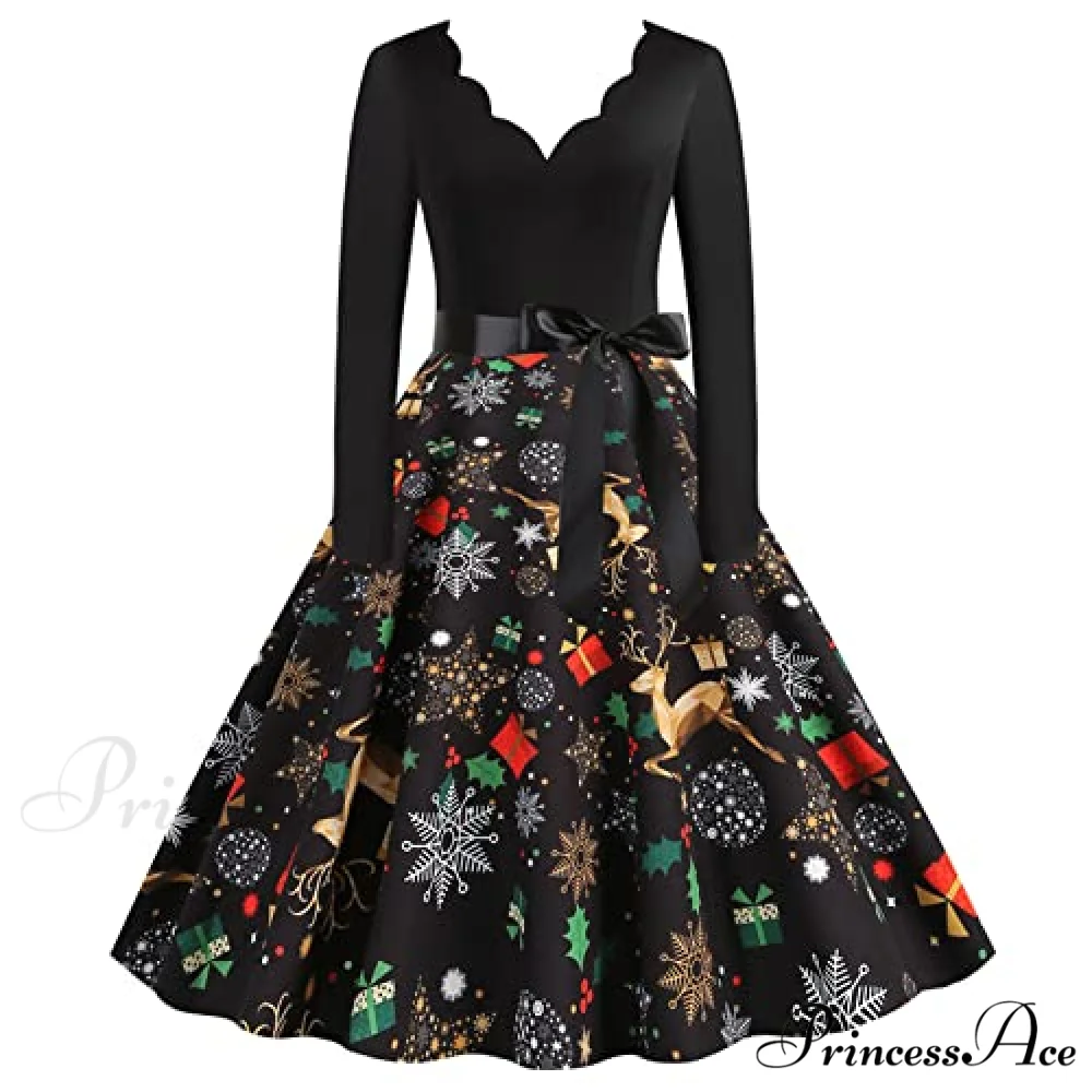 Christmas Classic Tea Long Sleeve V Neck Dresses - Image 3