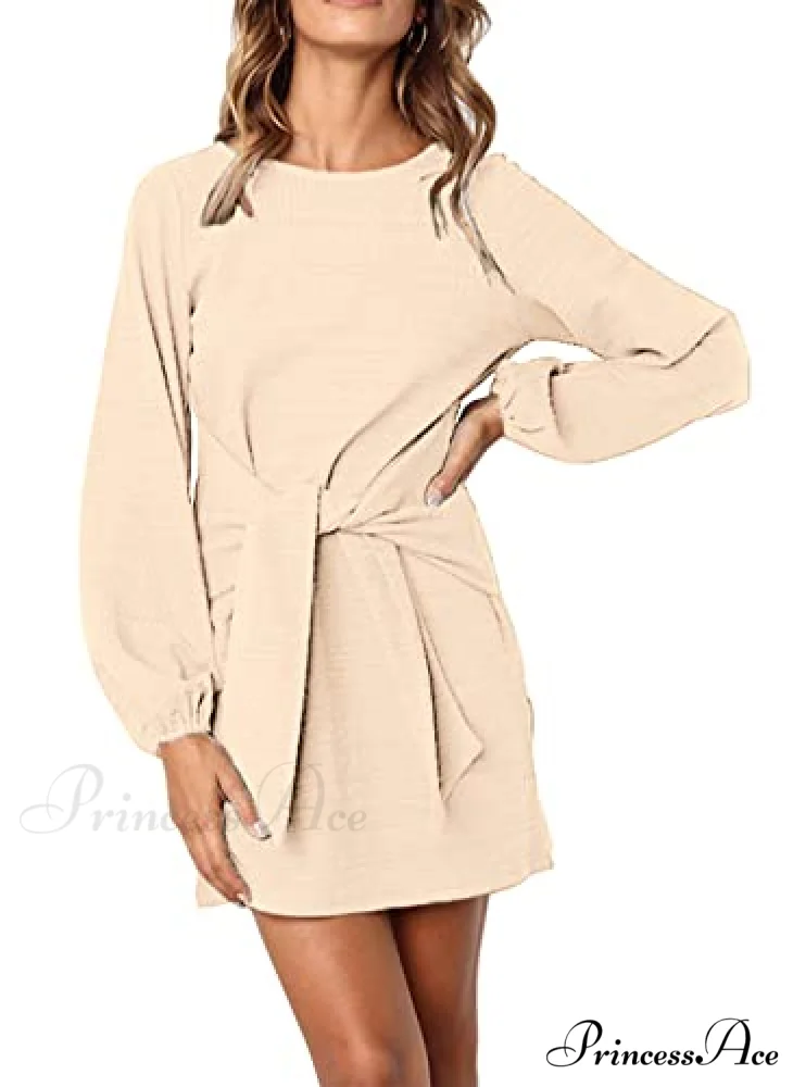 Long Lantern Sleeve Short Crewneck Tie Waist Knit Dress - Image 2