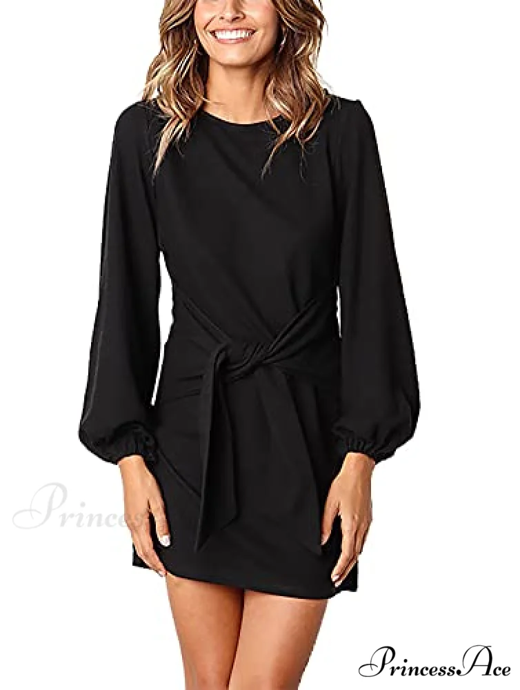 Long Lantern Sleeve Short Crewneck Tie Waist Knit Dress - Image 3