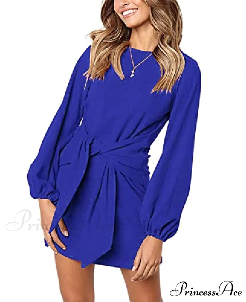 Long Lantern Sleeve Short Crewneck Tie Waist Knit Dress - Image 4