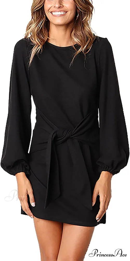 Long Lantern Sleeve Short Crewneck Tie Waist Knit Dress - Image 5