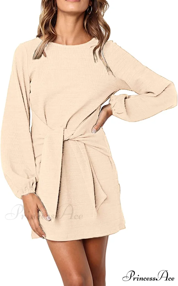 Long Lantern Sleeve Short Crewneck Tie Waist Knit Dress - Image 6