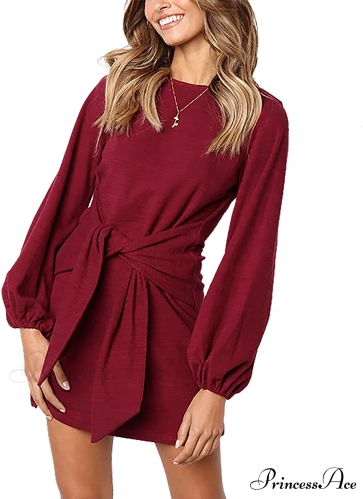 Long Lantern Sleeve Short Crewneck Tie Waist Knit Dress - Image 7