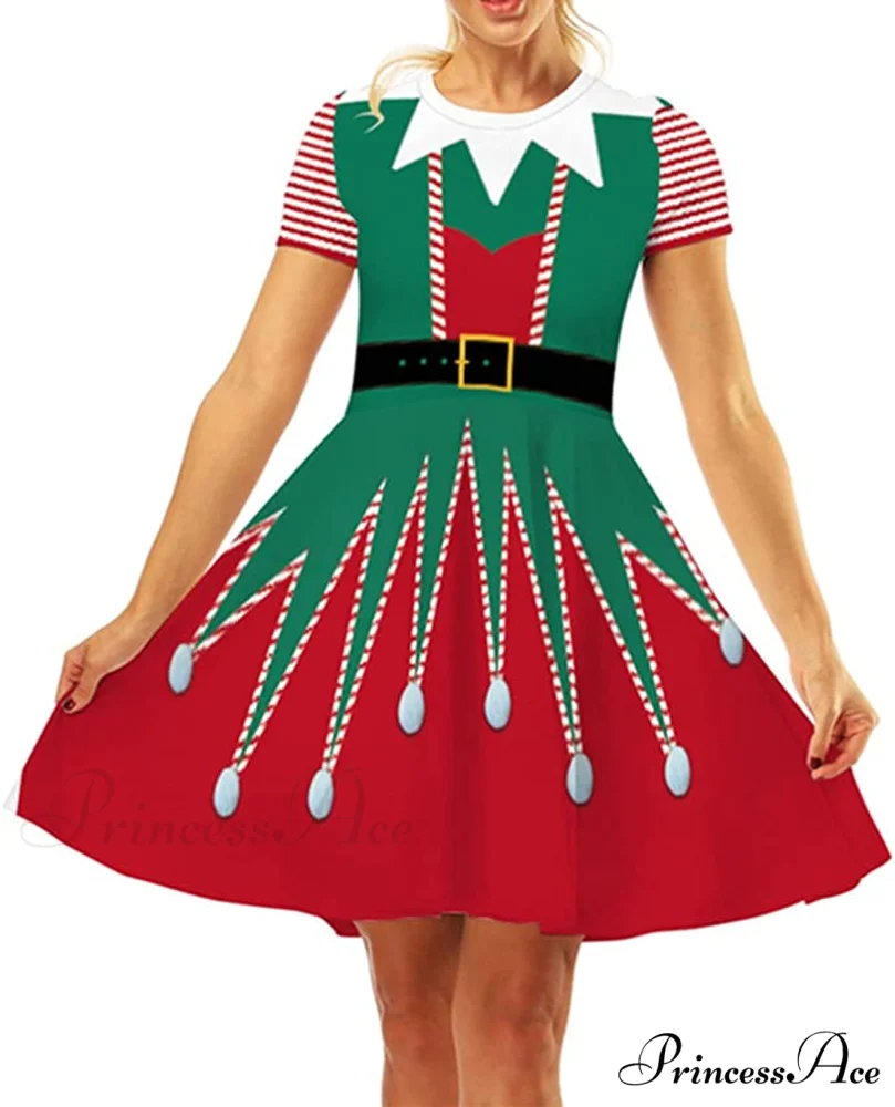 Christmas 3D Print Short Sleeve Unique Casual Flared Midi Dress - Image 3