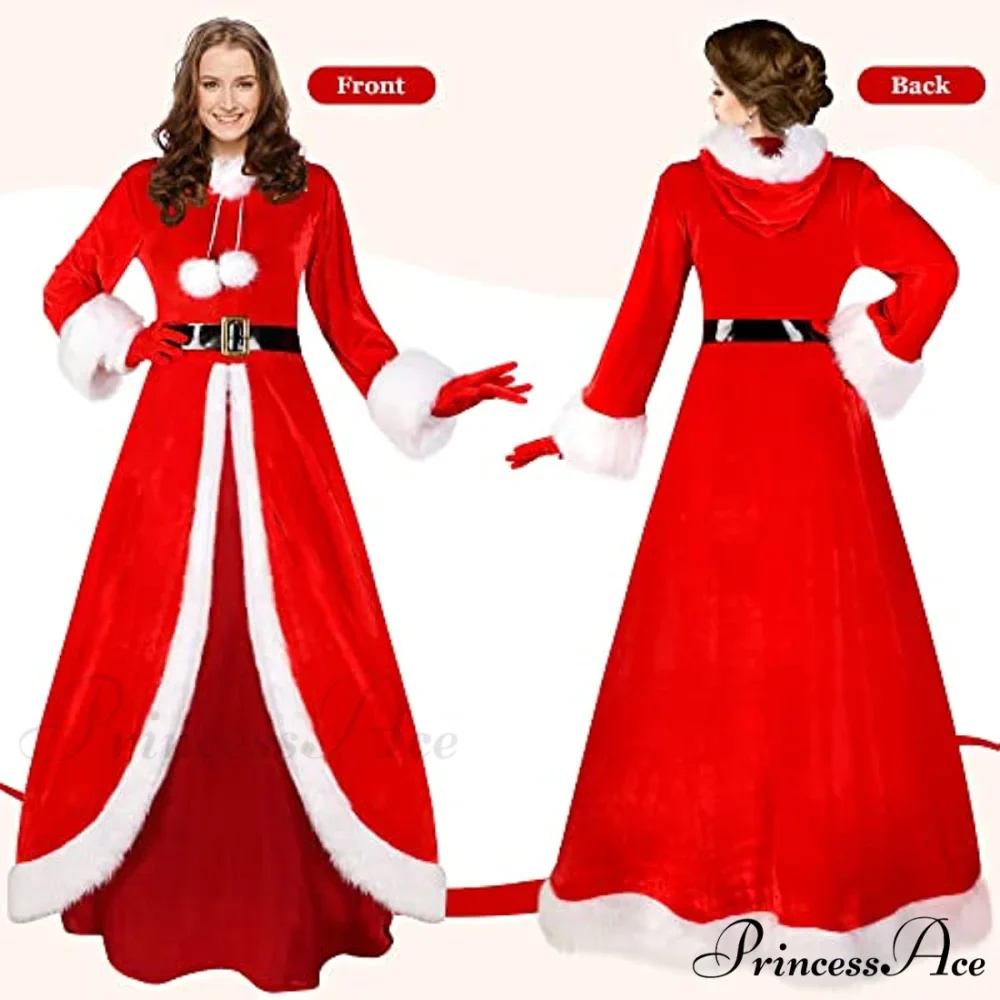 Christmas Velvet Hooded Outfit Red Gloves Deluxe Classic Costume - Image 2
