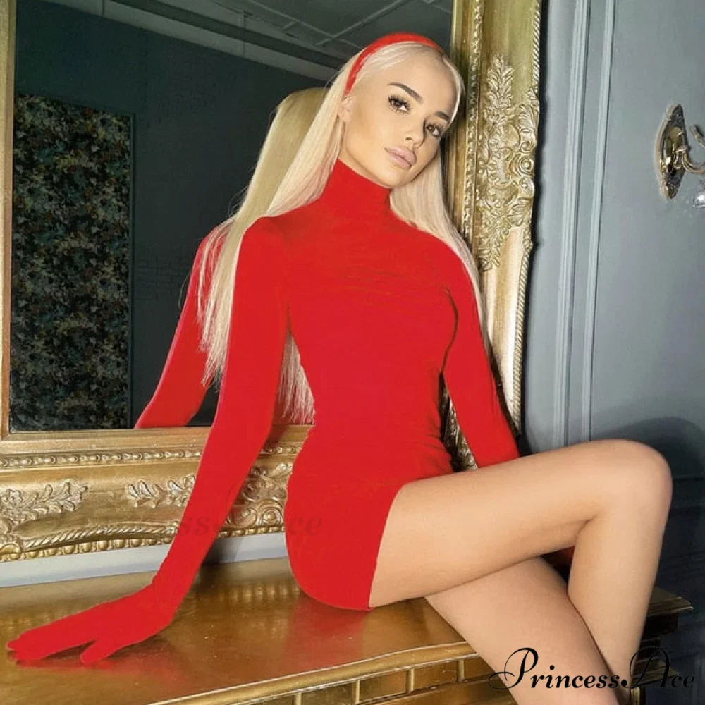 Elegant Red Long Sleeve Gloves Christmas Bodycon Dresses - Image 3
