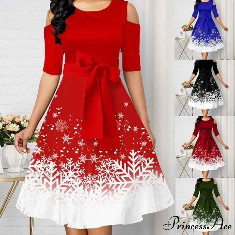 Snowflake Print Cold Shoulder Christmas Dress - Image 3