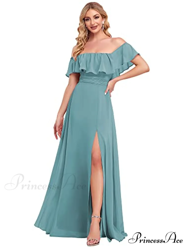 Off Shoulder Ruffle Party Side Split Beach Maxi Dress - Image 3