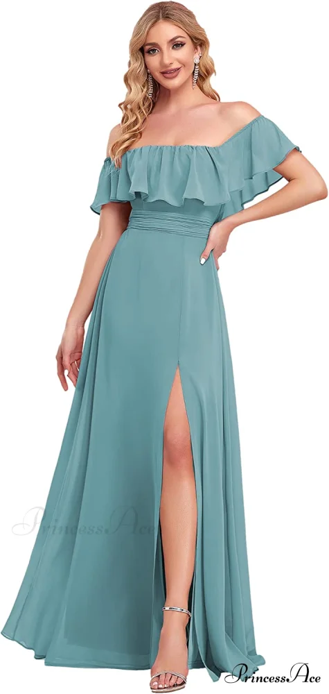 Off Shoulder Ruffle Party Side Split Beach Maxi Dress - Image 9