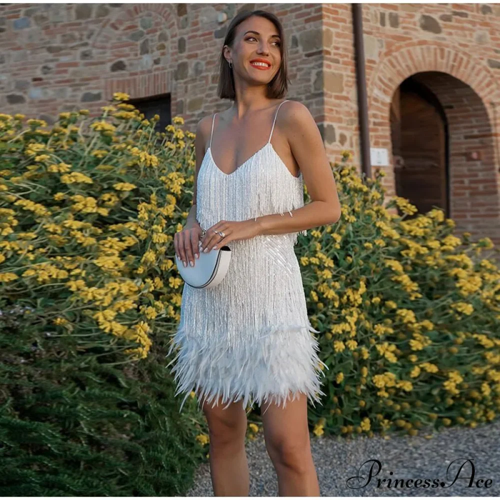 Feather Spaghetti Strap Sexy Stitching Mini Dress - Image 2