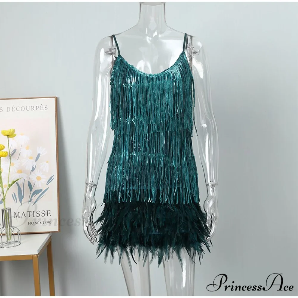 Feather Spaghetti Strap Sexy Stitching Mini Dress - Image 3