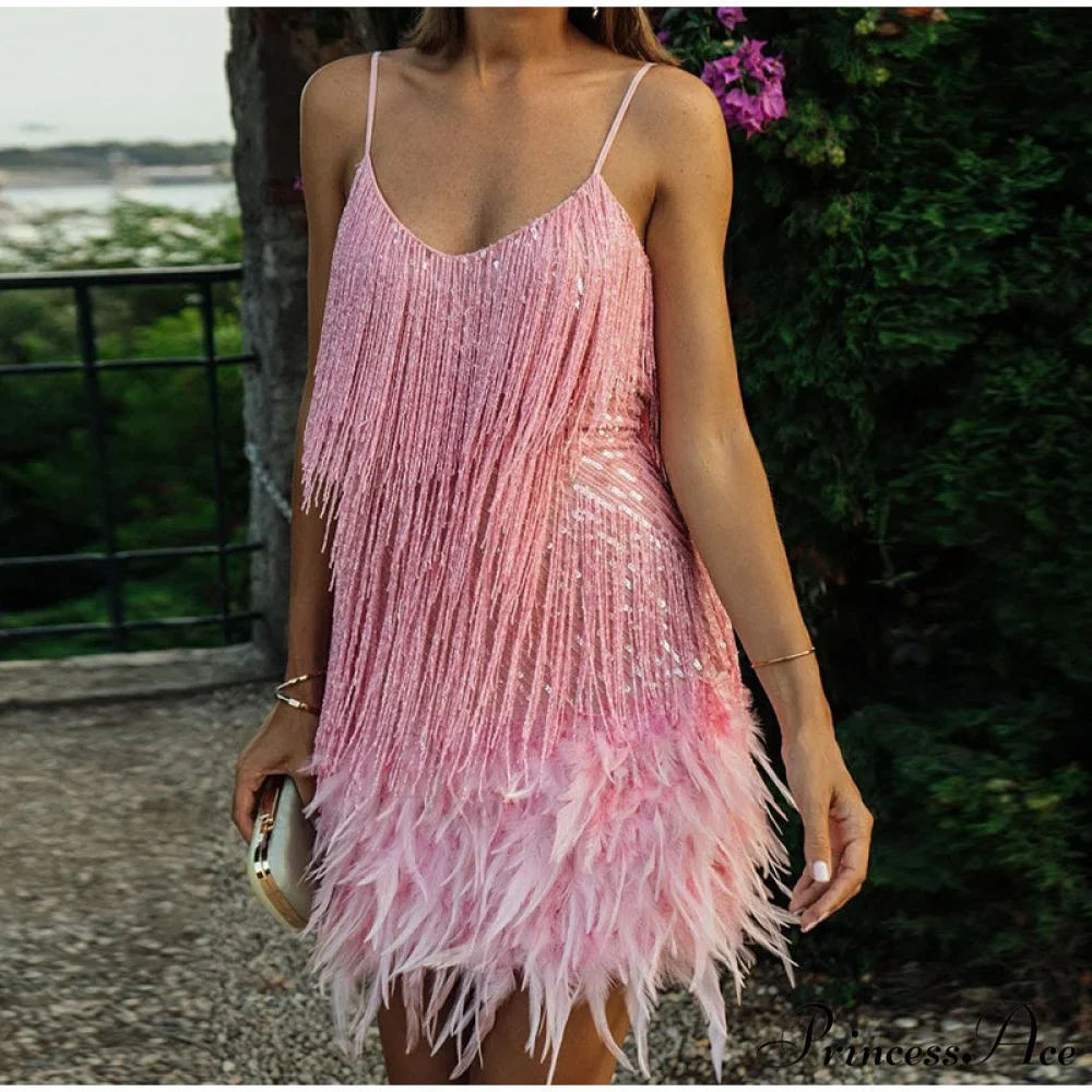 Feather Spaghetti Strap Sexy Stitching Mini Dress - Image 5