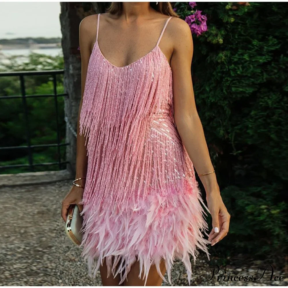 Feather Spaghetti Strap Sexy Stitching Mini Dress - Image 6