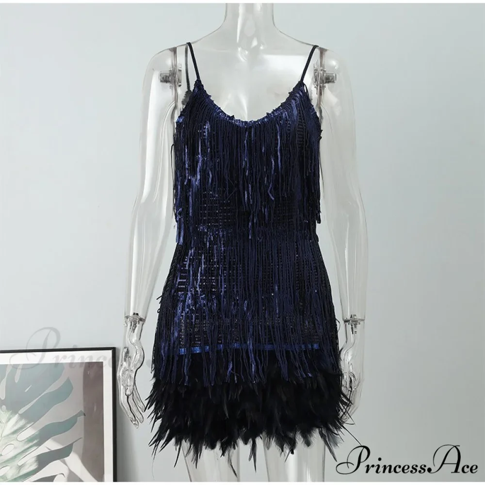 Feather Spaghetti Strap Sexy Stitching Mini Dress - Image 7