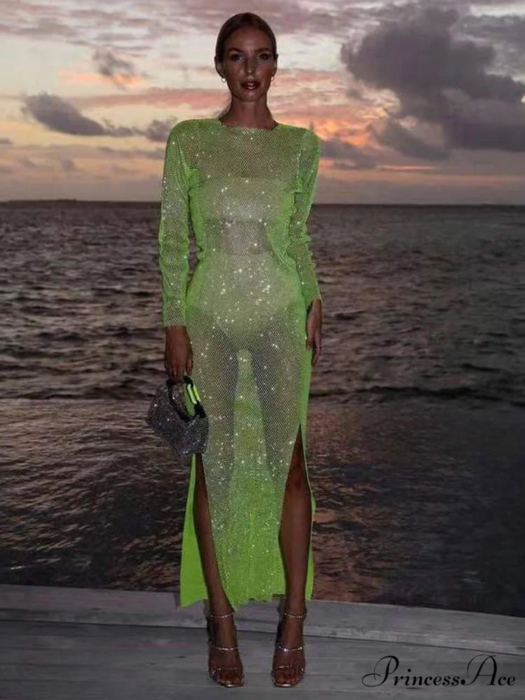 Long Sleeve Split O Neck Slim Party See Through Dress - Image 3