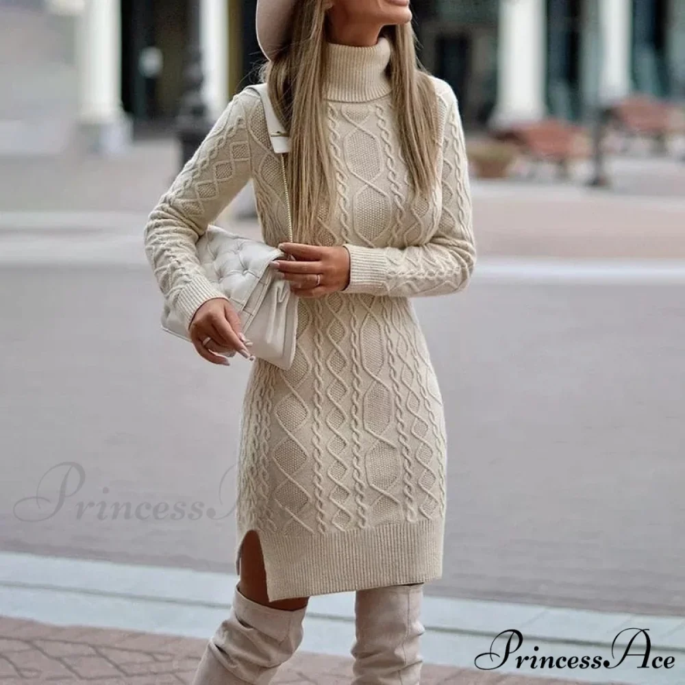 Casual Solid Color Long-Sleeved High-Neck Split Tight Dress - Image 3