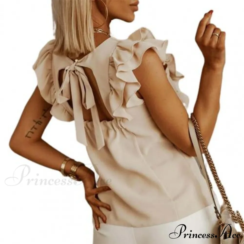 Solid Color Ruffle Sleeveless Backless Elegant Blouse - Image 2