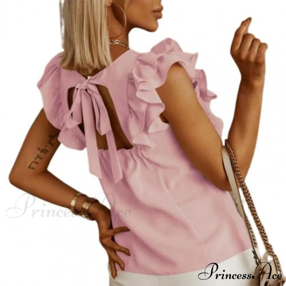 Solid Color Ruffle Sleeveless Backless Elegant Blouse - Image 7