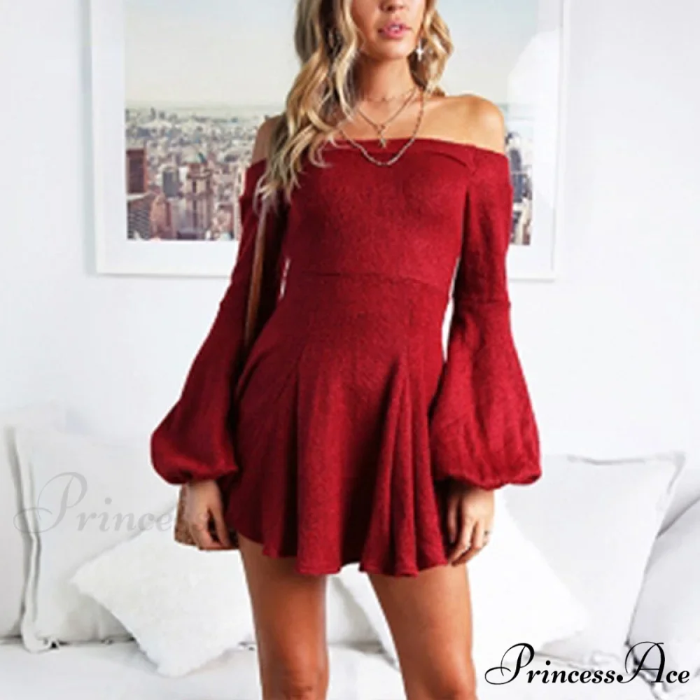 Off Shoulder Long Sleeve Slash Neck Sexy Mini Dress - Image 4