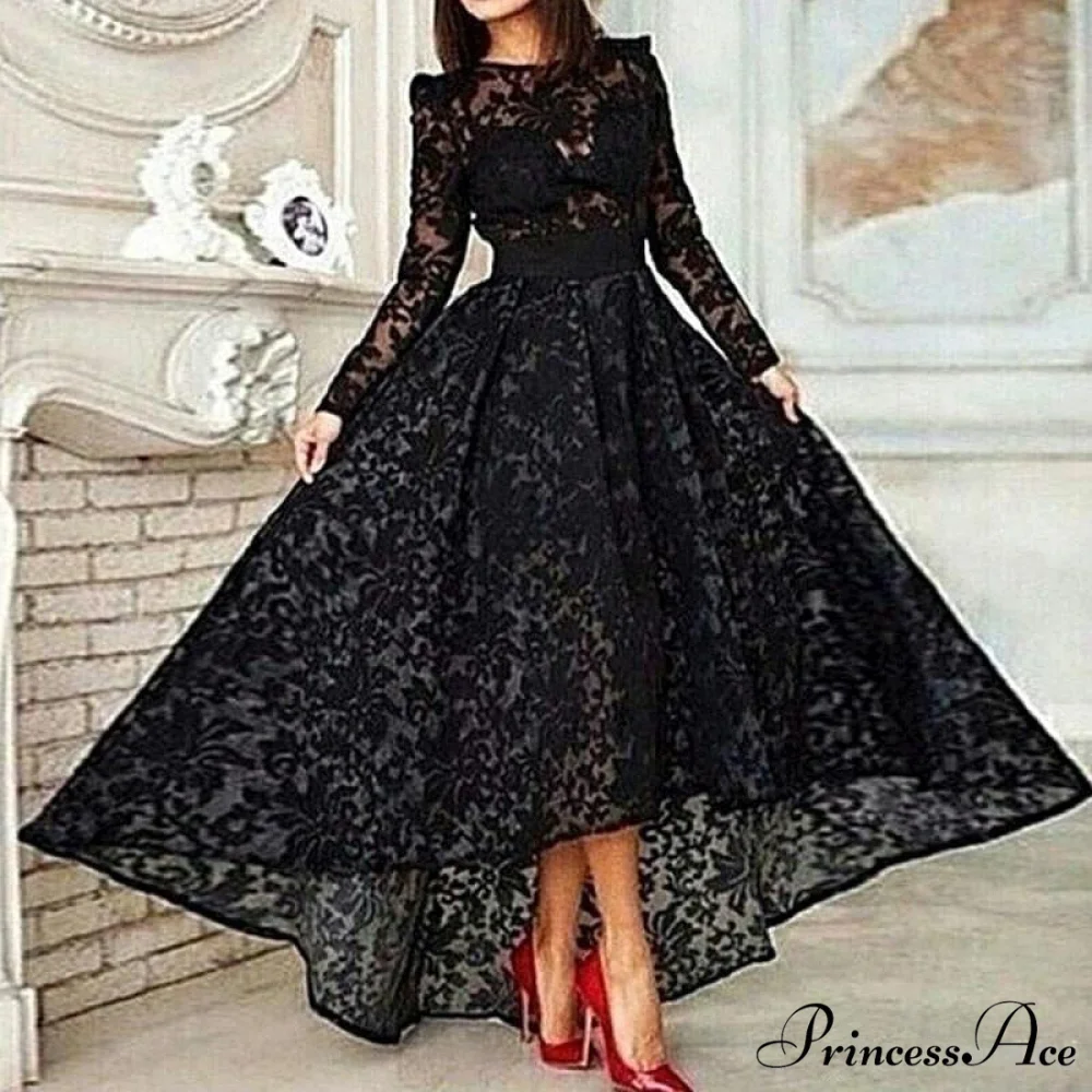 Black Long Sleeves Tea Length Lace Elegant Evening Gown - Image 2