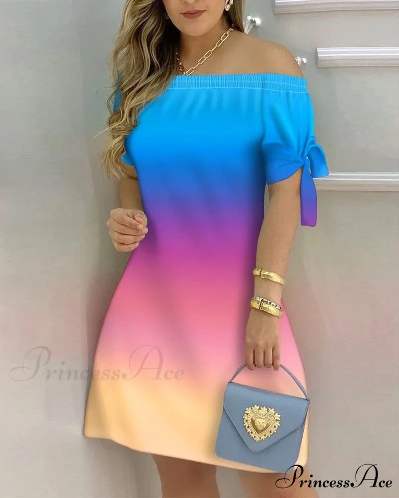 Off Shoulder Sexy Short Sleeve Bow Tie Striped Floral Print Mini Dress - Image 2