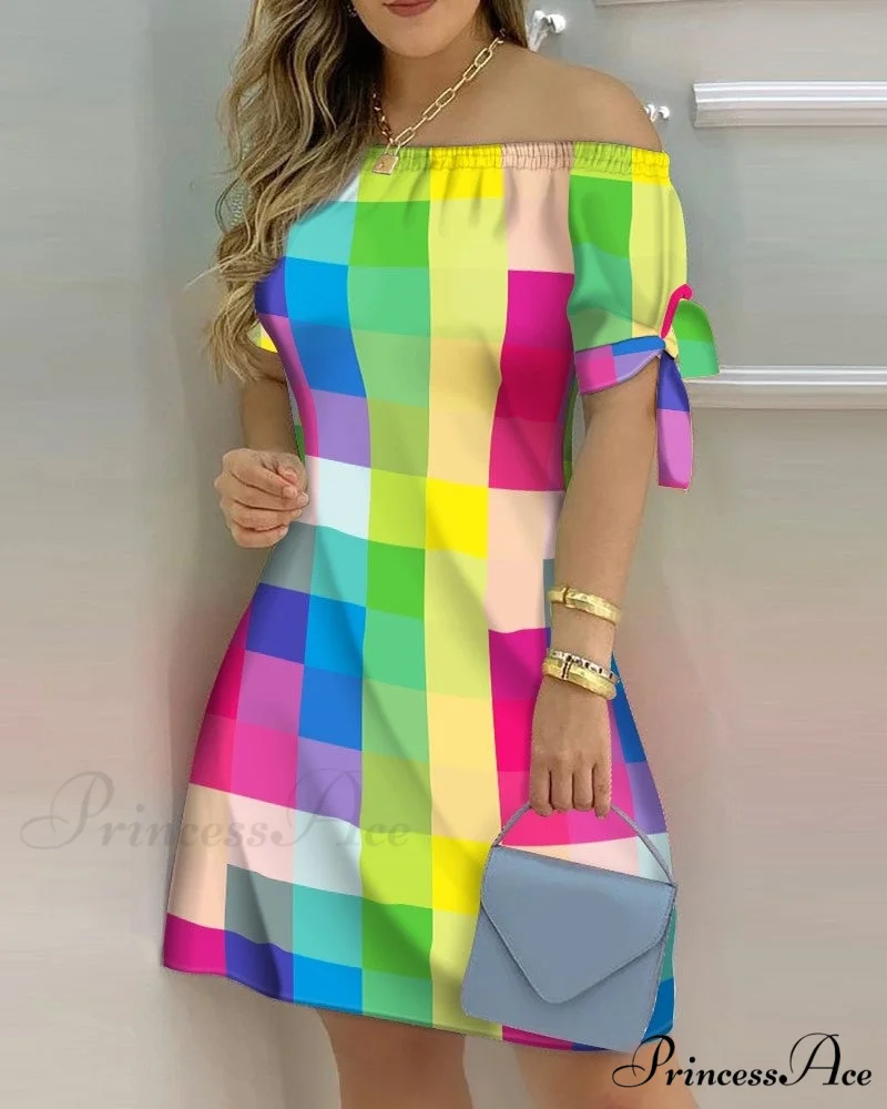 Off Shoulder Sexy Short Sleeve Bow Tie Striped Floral Print Mini Dress - Image 3