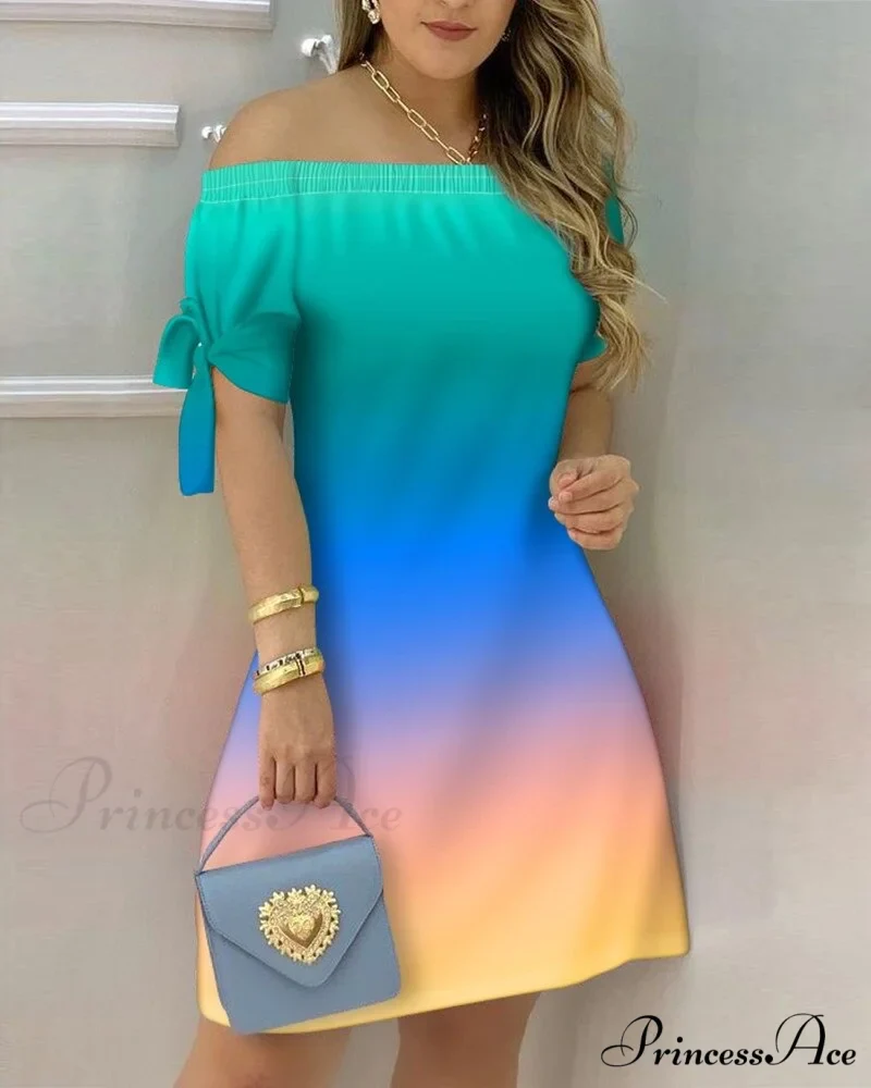 Off Shoulder Sexy Short Sleeve Bow Tie Striped Floral Print Mini Dress - Image 4