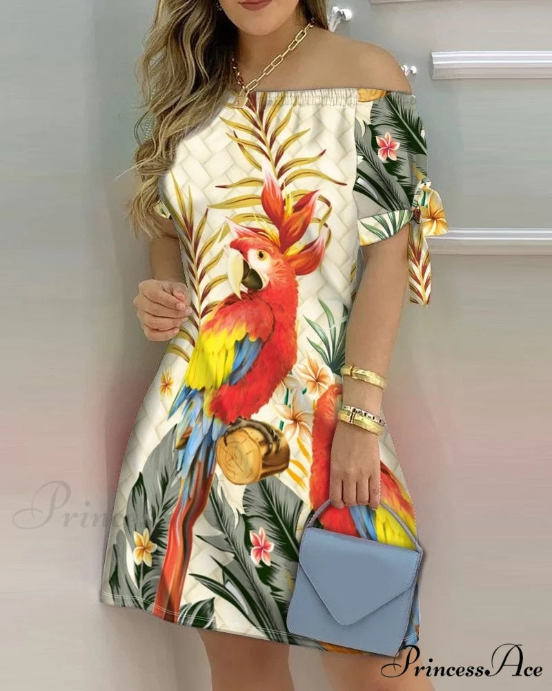 Off Shoulder Sexy Short Sleeve Bow Tie Striped Floral Print Mini Dress - Image 6