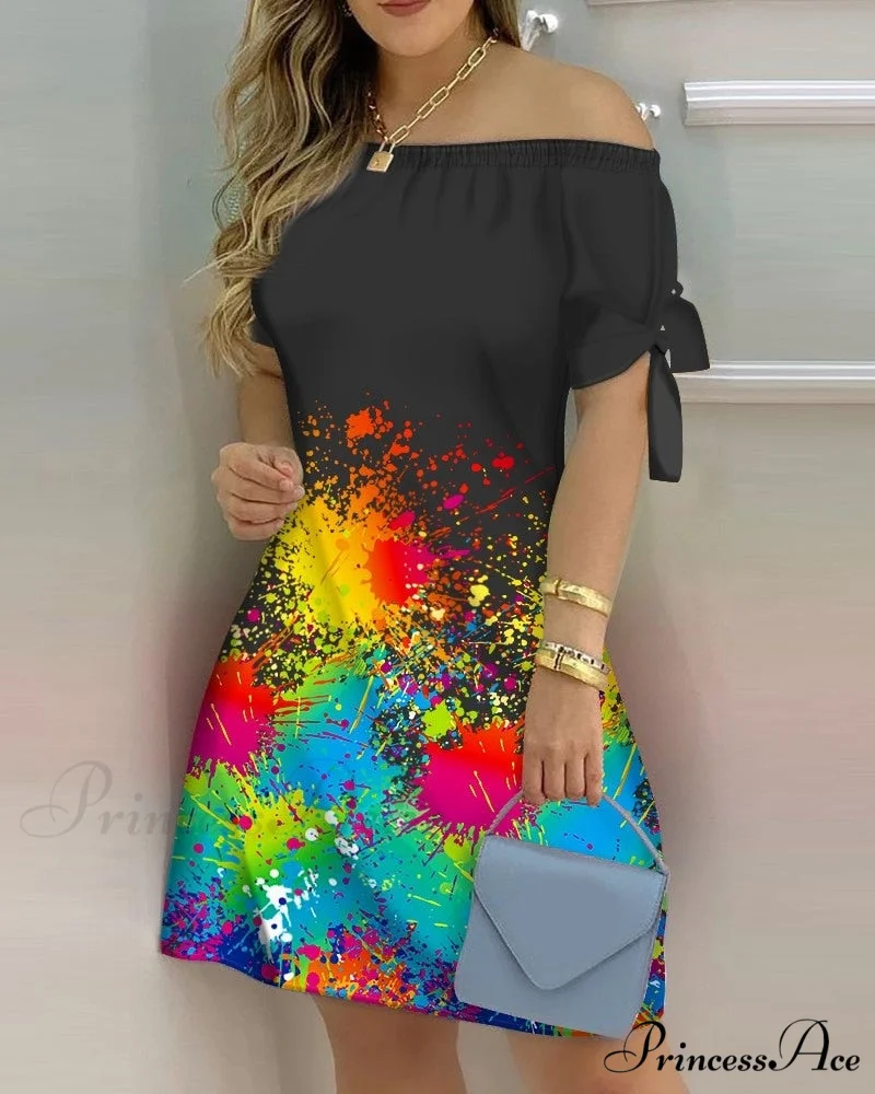Off Shoulder Sexy Short Sleeve Bow Tie Striped Floral Print Mini Dress - Image 8