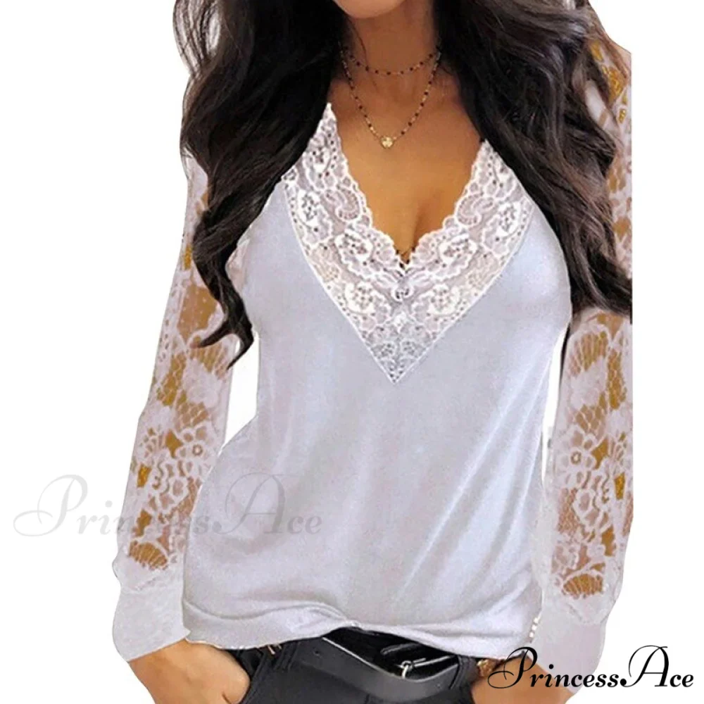Casual V-neck Lace Long Sleeve Sexy Solid Color Shirt - Image 14