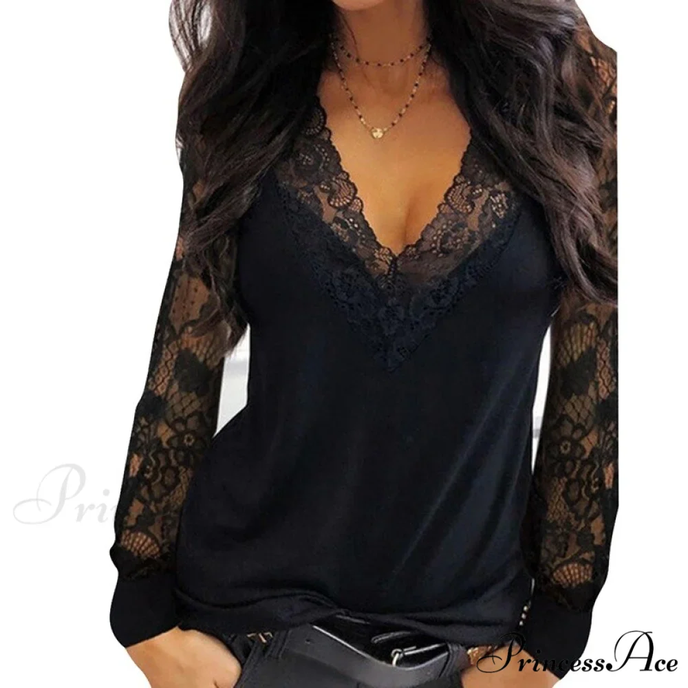 Casual V-neck Lace Long Sleeve Sexy Solid Color Shirt - Image 15