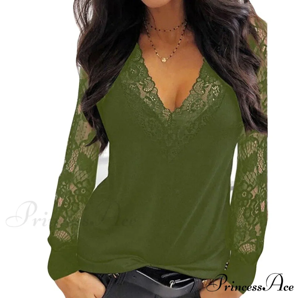 Casual V-neck Lace Long Sleeve Sexy Solid Color Shirt - Image 16