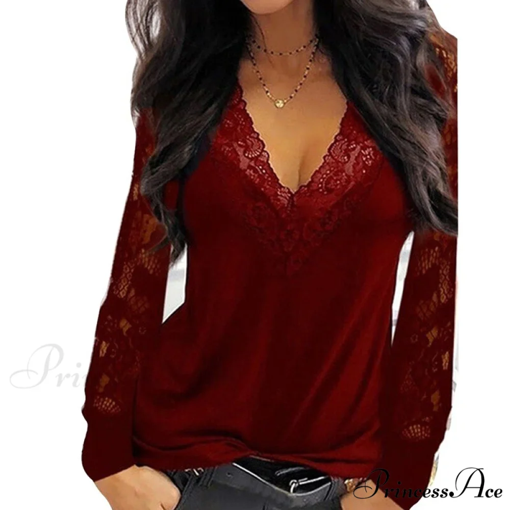 Casual V-neck Lace Long Sleeve Sexy Solid Color Shirt - Image 18