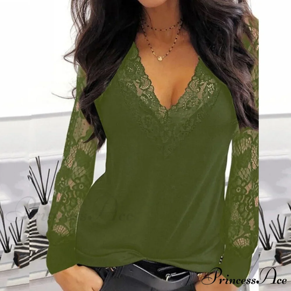 Casual V-neck Lace Long Sleeve Sexy Solid Color Shirt - Image 3