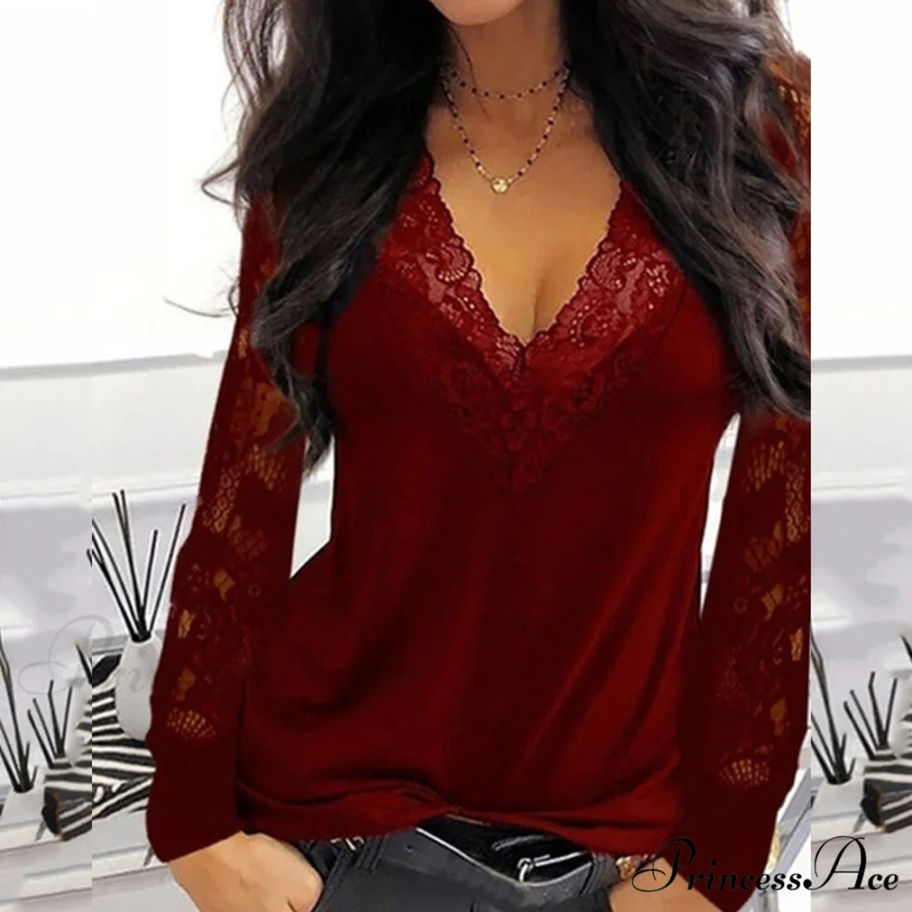 Casual V-neck Lace Long Sleeve Sexy Solid Color Shirt - Image 5