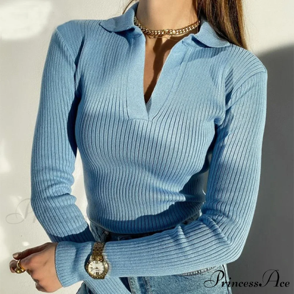 Casual Knitted V Neck Long Sleeve Slim Fit Sweater - Image 3