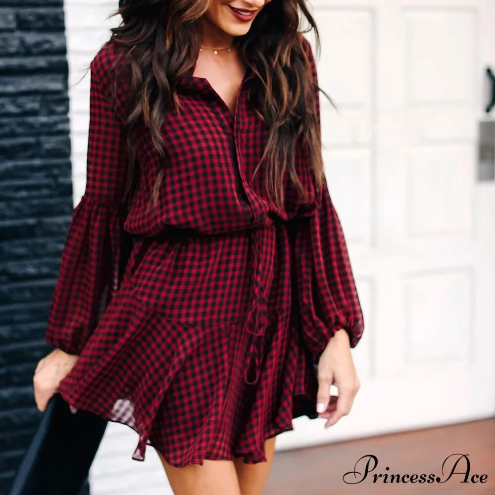 New Cotton Casual Fashion Lantern Sleeve Plaid Check Dress - Image 2