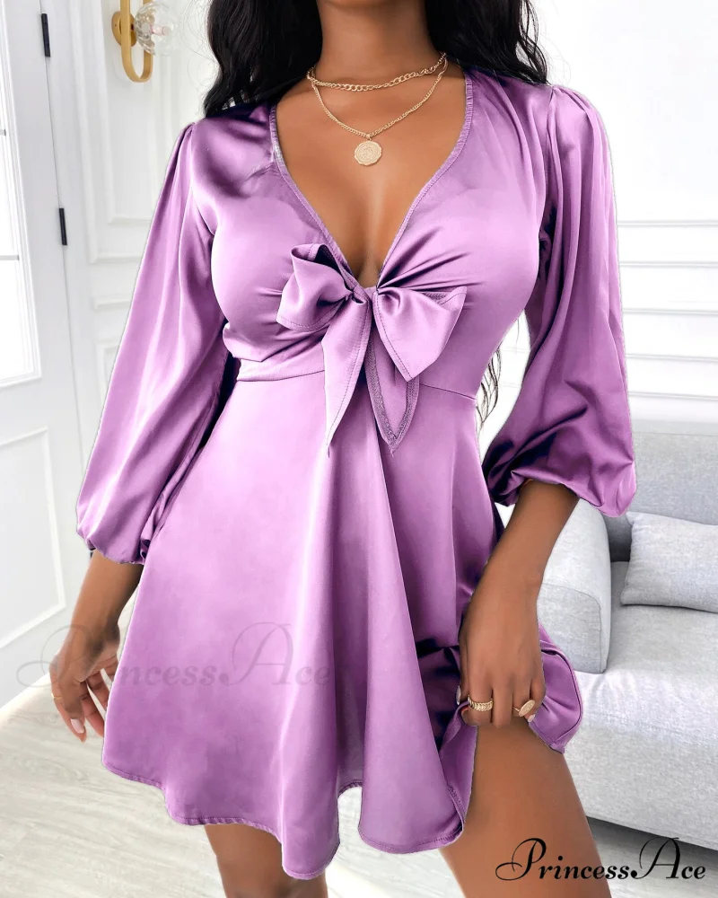 Mini Satin Puff Sleeve Sexy Plunge Tie Front Dress - Image 3