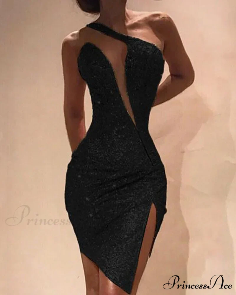 Deep V-Neck Sequined Backless Slit Mini Dress - Image 2