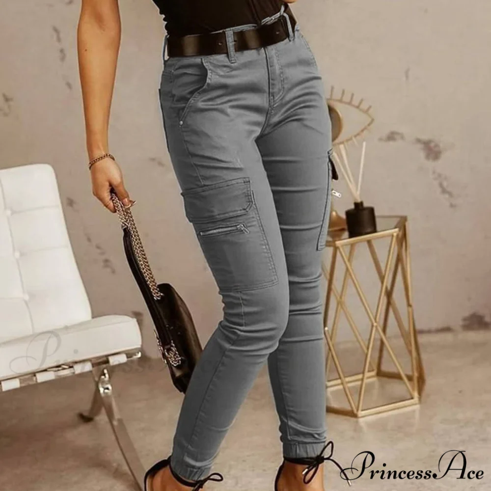 Fashion Solid Color Casual Pocket Button Zipper Slim Trousers - Image 3