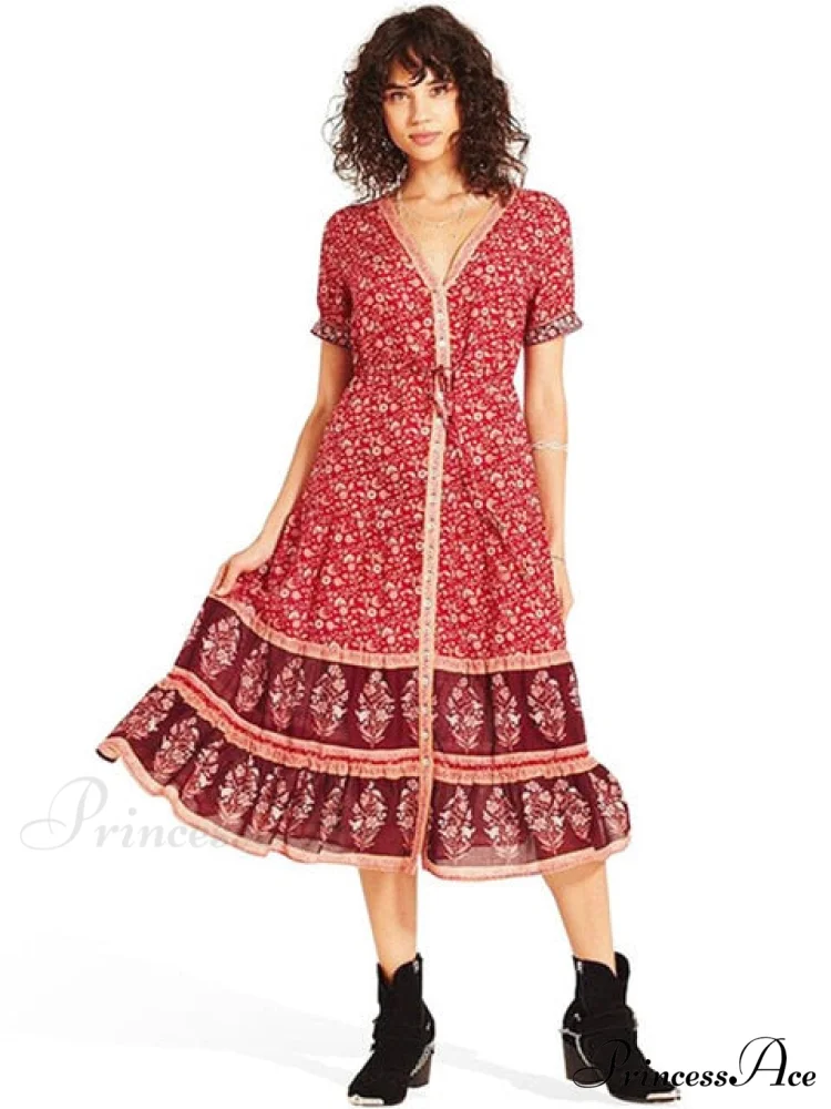 Strap Floral Print High Waist V-neck Single-breasted Midi Dress - Image 2