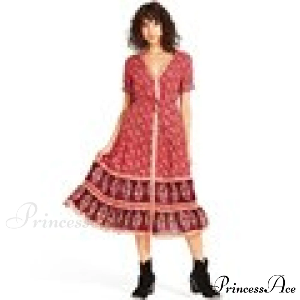 Strap Floral Print High Waist V-neck Single-breasted Midi Dress - Image 3
