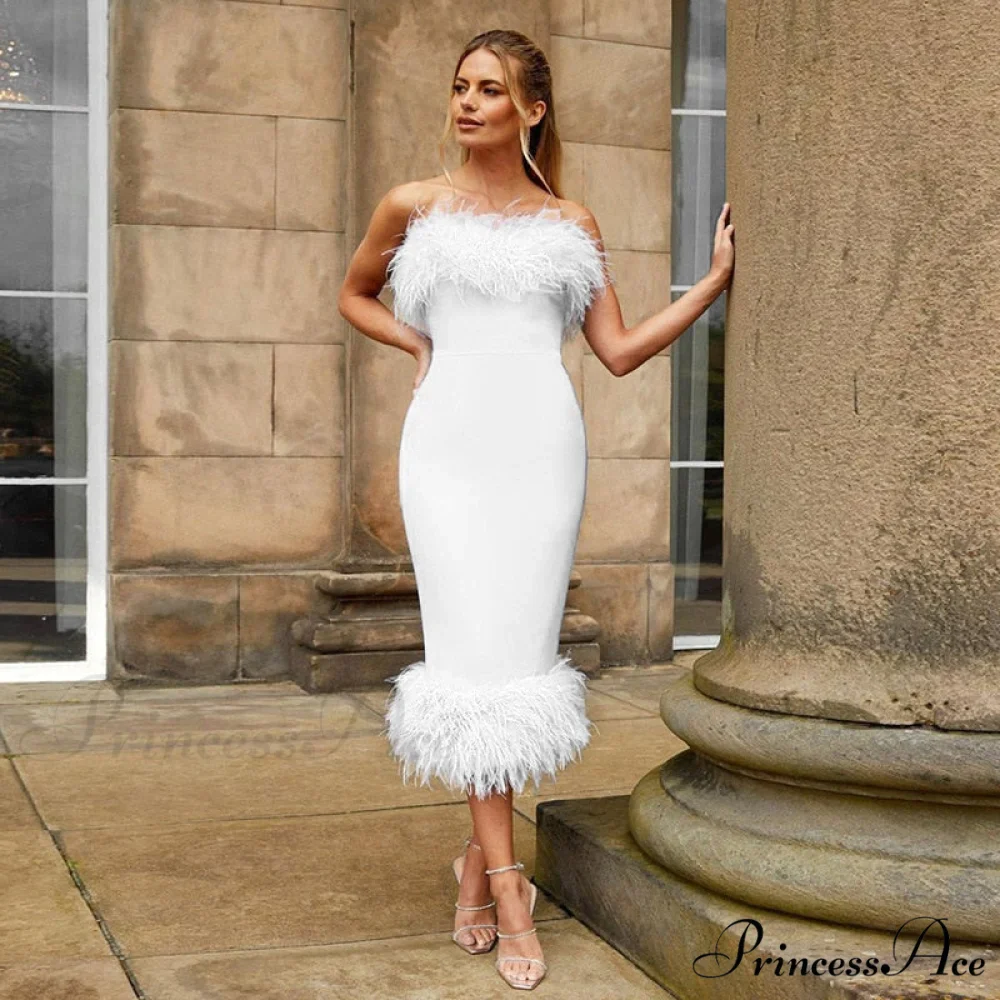 Strapless Feather Evening Sexy Corset Bodycon Midi Dress - Image 3