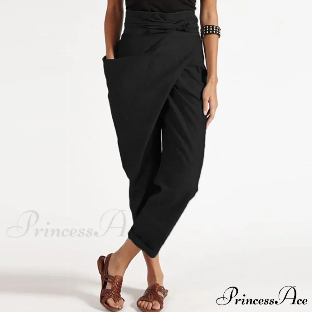 Irregular Lacing Cropped Casual Solid Color Trousers - Image 7