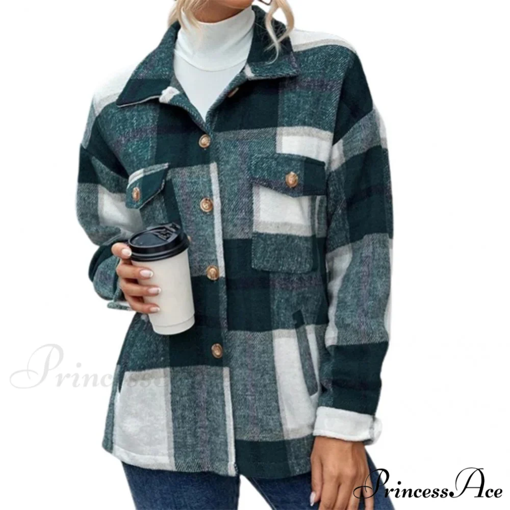 Skin-Touch Winter Thick Trendy Plaid Print Buttons Casual Coat - Image 3
