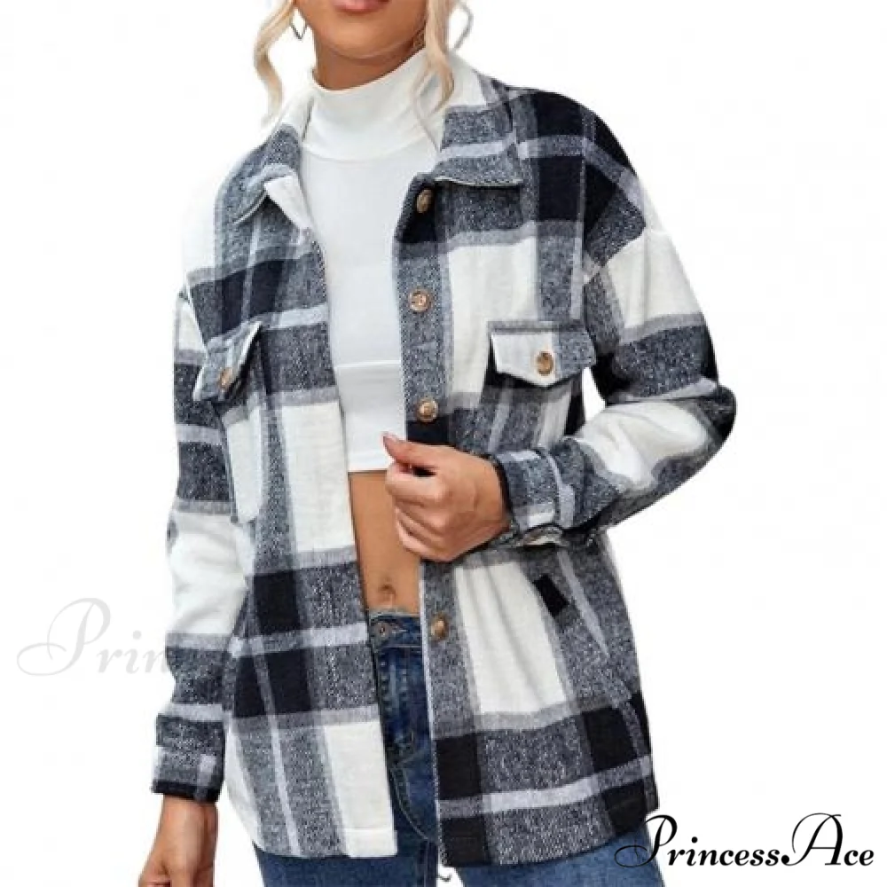 Skin-Touch Winter Thick Trendy Plaid Print Buttons Casual Coat - Image 7