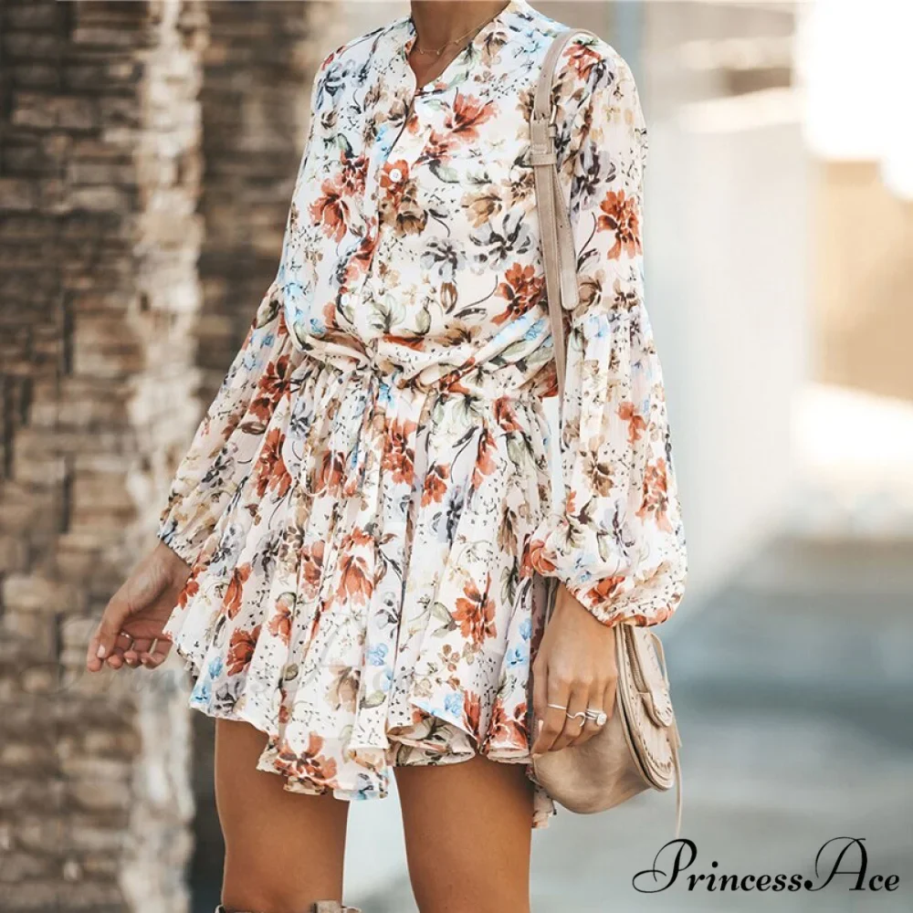 Sexy Printed Neck Tie Button Long Sleeve High Waist Dress - Image 2