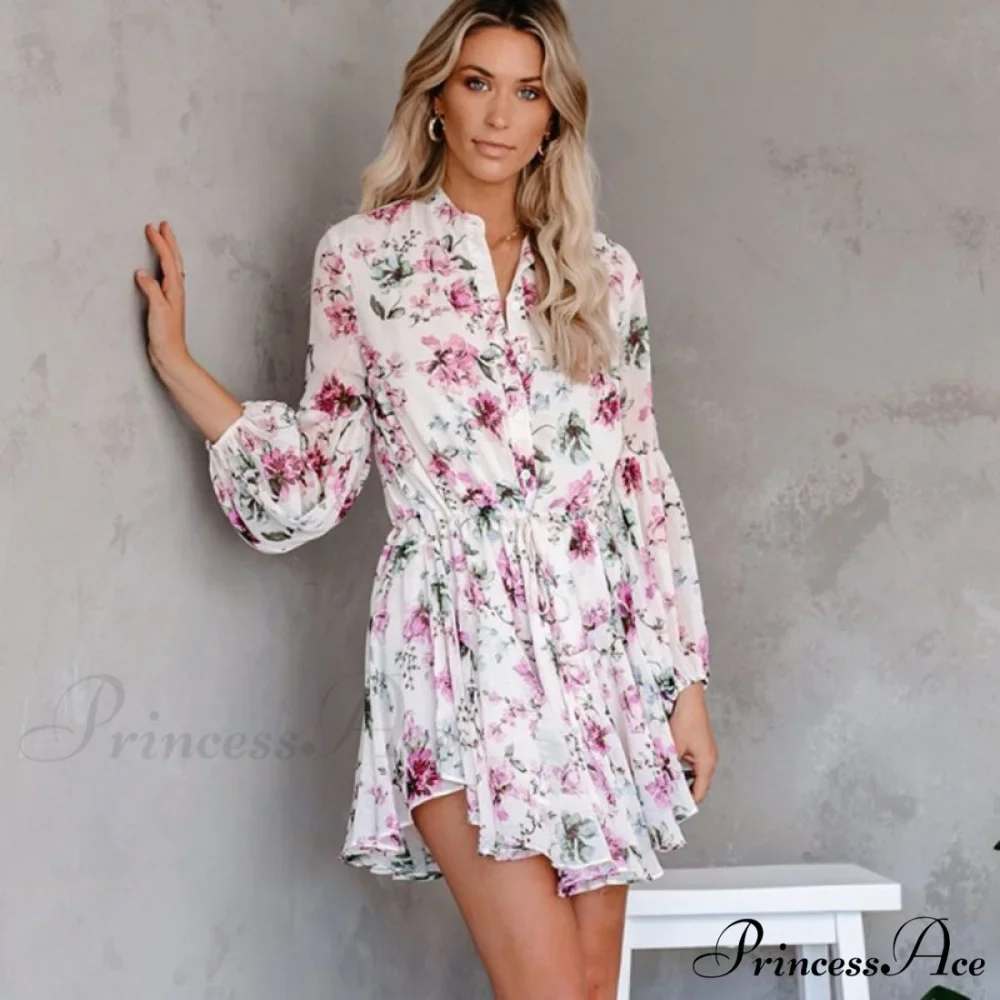 Sexy Printed Neck Tie Button Long Sleeve High Waist Dress - Image 3