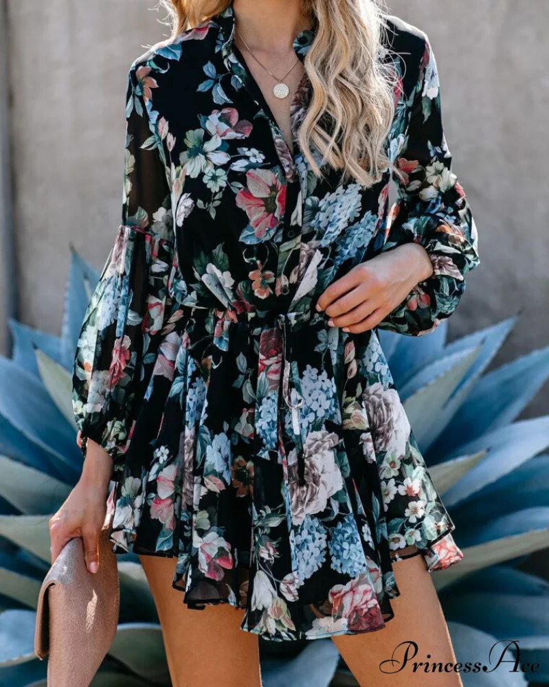 Sexy Printed Neck Tie Button Long Sleeve High Waist Dress - Image 5